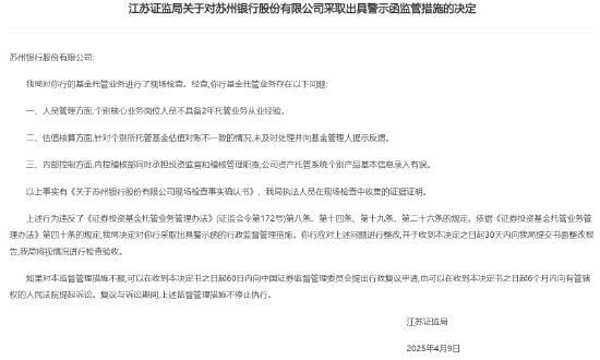因基金托管业务存在问题，苏州银行被出具警示函