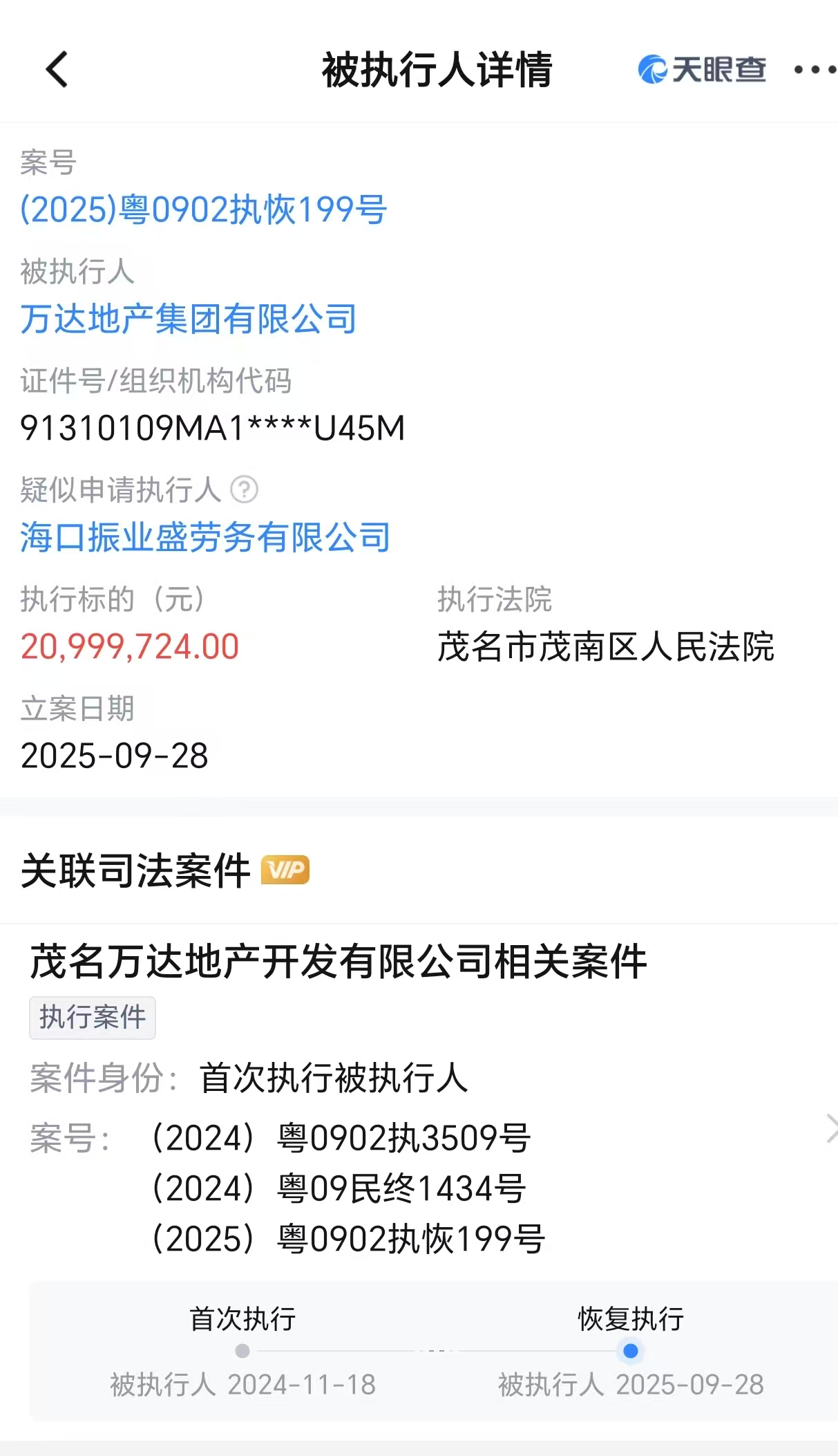 万达地产等被恢复执行2099万，限制消费令高达128条