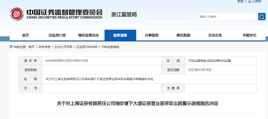 六张罚单直指上海证券!公司及营业部被出具警示函 四名员工被约谈