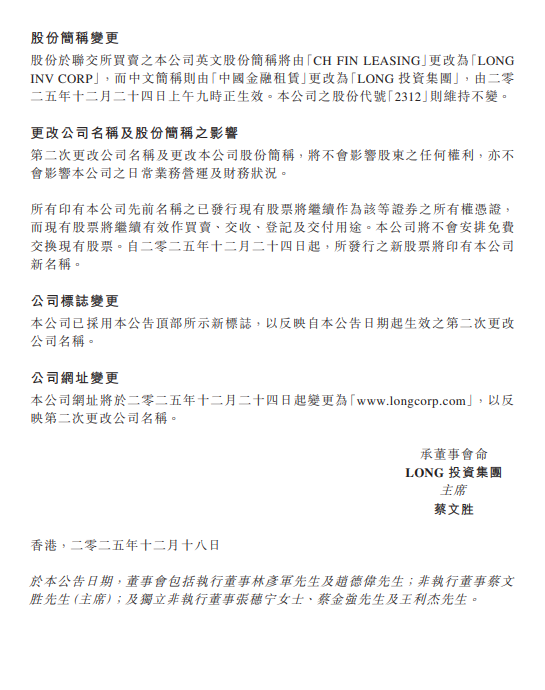 中国金融租赁：拟更名为“Long 投资集团”